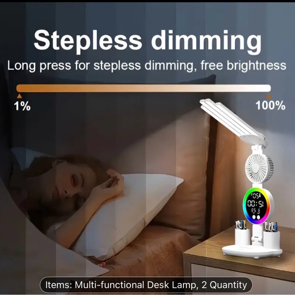 Smart Touch LED Desk Lamp with USB - Dual Head, Dimmable, Fan NIB - Picture 5 of 8